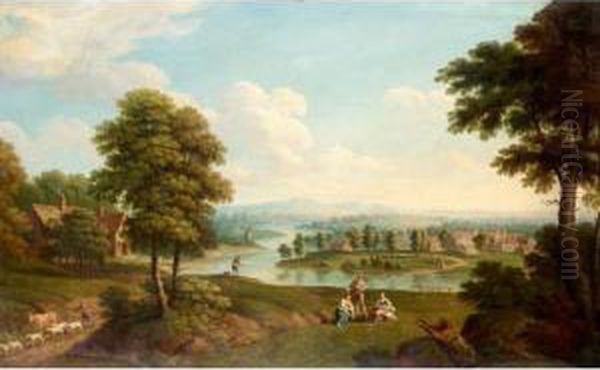 Landscape With A Farmer, Fisherman And Washerwomen Oil Painting by Thomas Smith of Derby