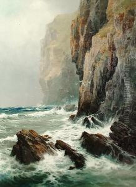 Waves Breaking Against Rocky Cliffs Oil Painting by Reginald Smith