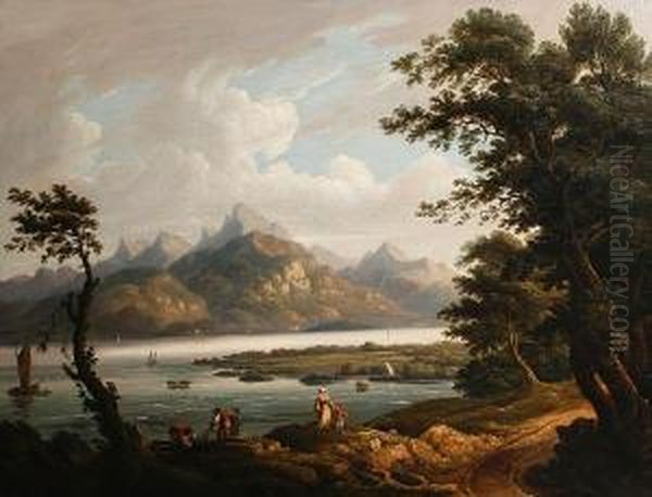 Figures On The Shores Of A Mountain Lake Oil Painting by Samuel Mountjoy Smith