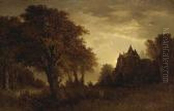 A Wooded Landscape With A Manor House In Thedistance Oil Painting by Thomas Lochlan Smith