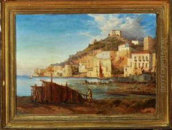 A View Of Naples With A Fisherman Drying Nets In The Foreground Oil Painting by Thomas Stuart Smith