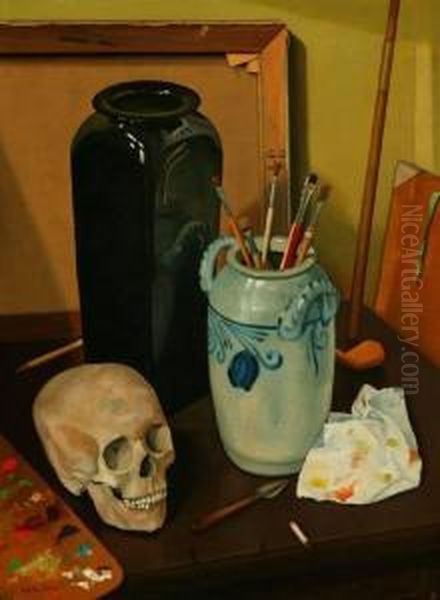 Still Life Of Skull,crock/brush Pot And Vase. Oil Painting by Walter Granville-Smith