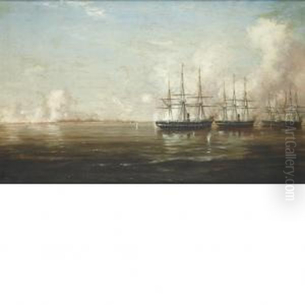 Bombardment And Capture Of Fort Hatteras Oil Painting by Xanthus Russell Smith