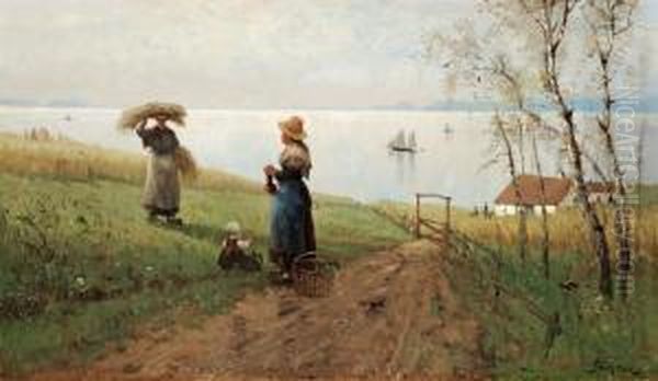 Playing By The Fields Oil Painting by Frithjof Smith-Hald