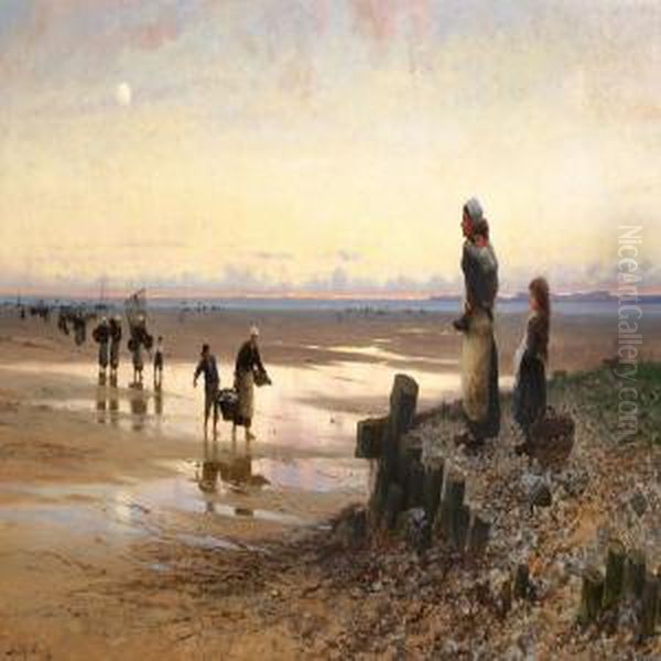 Early Morning With Shellfish Collectors On A Beach In Brittany Oil Painting by Frithjof Smith-Hald