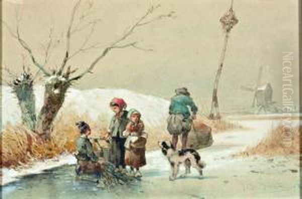 Winter Met Kinderen En Hond Op Het Ijs Oil Painting by Johan Gerard Smits