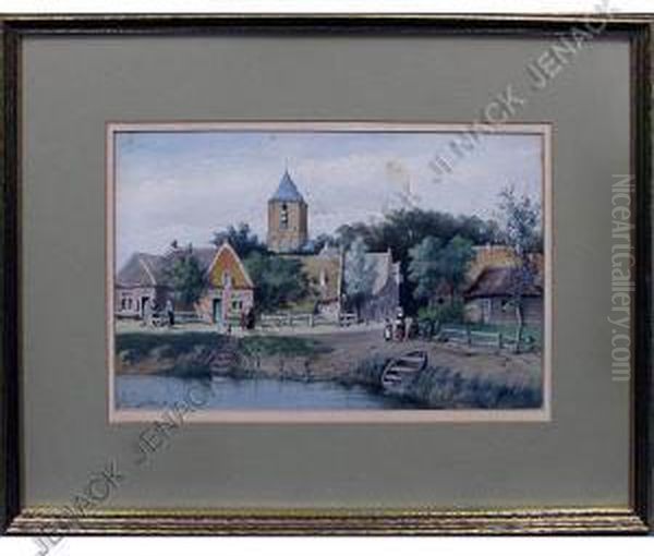 Village With Figures Oil Painting by Johan Gerard Smits