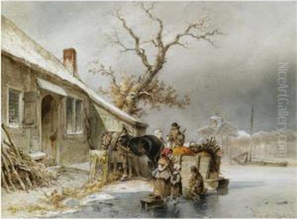 Woodgatherers On The Ice Oil Painting by Johan Gerard Smits