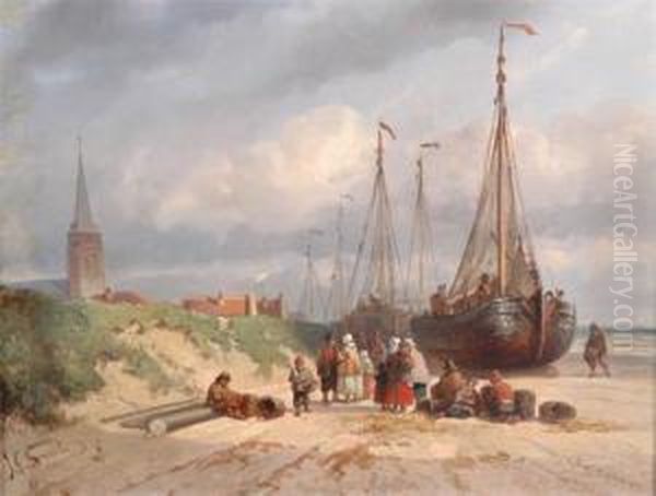 Fisherfolk And Boats On The Shore Oil Painting by Johan Gerard Smits