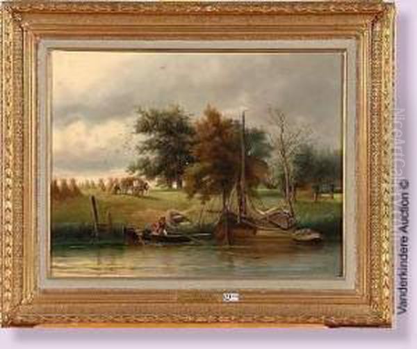 Bord De Riviere Anime Oil Painting by Johan Gerard Smits