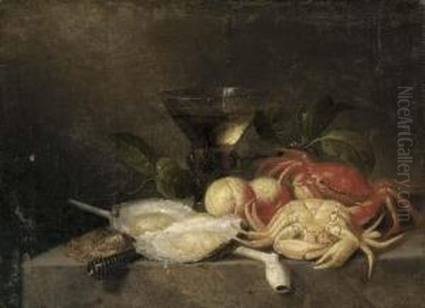 A Roemer, Peaches, Crabs, Oysters, A Clay Pipe And A Knife On A Stone Shelf Oil Painting by Theodorus Smits