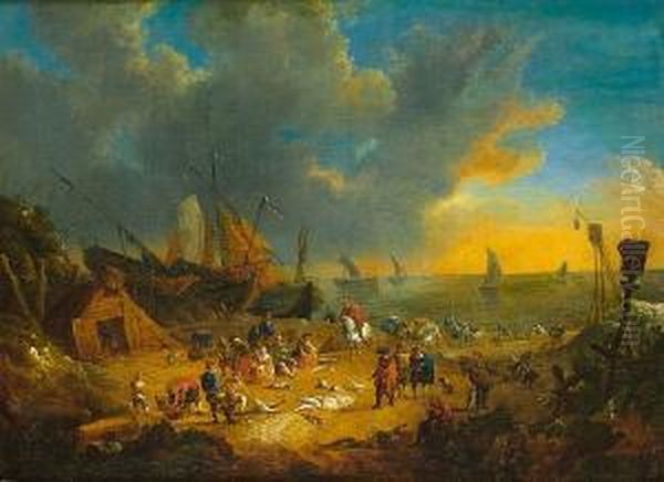 Elegant Figures Inspecting The Catch On A Beach With Sailing Barges And Shipping Beyond Oil Painting by Lucas Smont