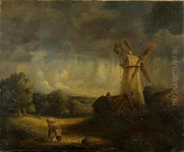 Figures Before A Tower Mill In A Landscapeunder Brooding Skies by James Smyth