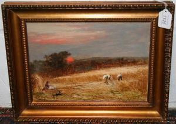 Harvesting Scene At Sunset Oil Painting by James Smyth