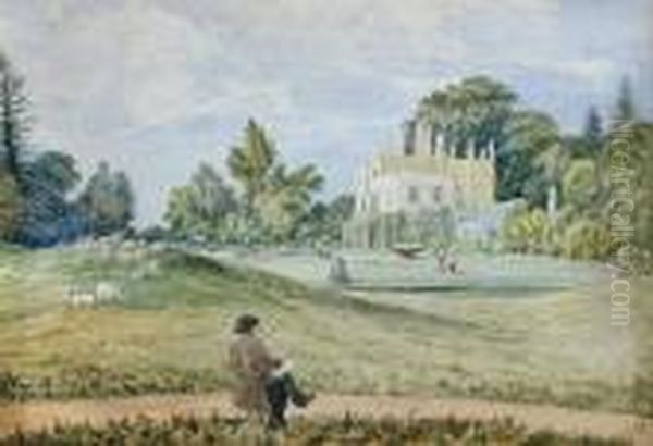 The Artist Thomas Churchyard Painting His Mother Mrs Churchyard'shouse At Henley Park Inscribed On Reverse 