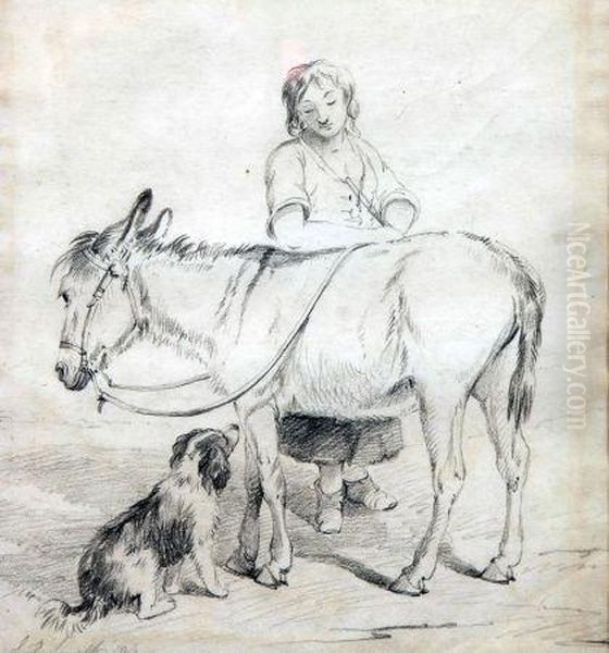 Drawing Lady With Dog And Donkey Oil Painting by Edward Robert Smythe