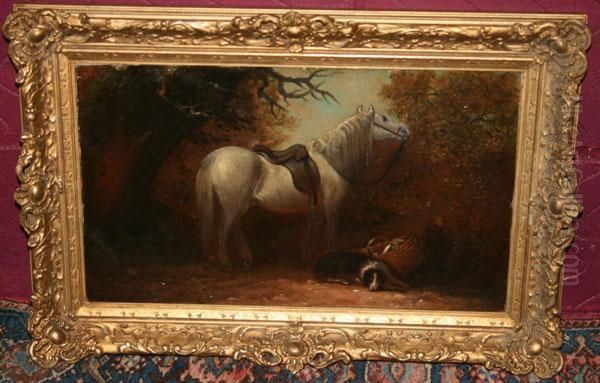 Woodland Scene With A Grey Horse And A Dog Oil Painting by Edward Robert Smythe