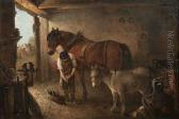 A Farrier Shoeing A Plough Horse, With A Donkey, In A Forge Interior Oil Painting by Edward Robert Smythe