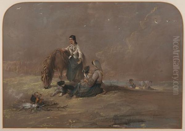 A Gypsy Family With Ponies And A Dog And A Copper Kettle On The Fire Oil Painting by Edward Robert Smythe