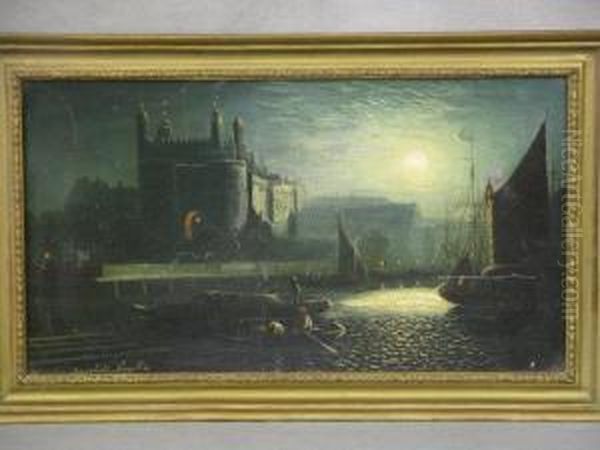 River Thames In Moonlight With Boatmen And Tower Oflondon Beyond Oil Painting by H. Smythe