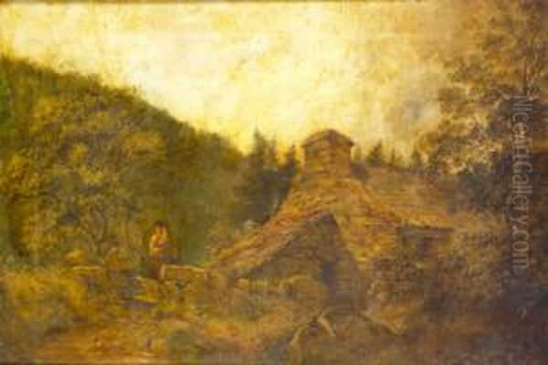 Woman And Child By A Cottage Oil Painting by H. Smythe