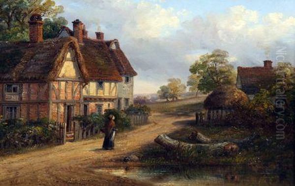 Country Landscape With Lady Before A Cottage Oil Painting by Thomas Smythe