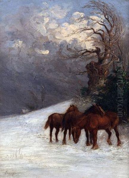 Horses In Winter Landscape Oil Painting by Thomas Smythe