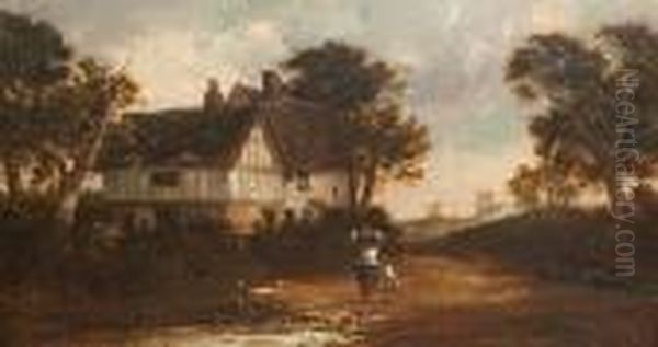 Returning Home - Mother And Child Before A Timbered Farmhouse, With Church Beyond Oil Painting by Thomas Smythe