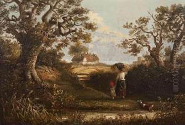 A Gleaner And Her Child Approaching A Stile With Harvest Field Beyond Oil Painting by Thomas Smythe