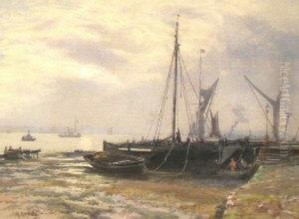 Fisherfolk And Beached Fishing Vessels On The Shoreof An Estuary Oil Painting by Martin Snape