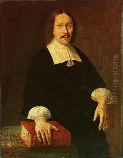 Portrait Of Rudolfus Capellus, Small Three-quarter-length, In Black Costume With A Lawn Collar, At A Drapped Table With His Right Hand Resting On A Bible Oil Painting by Abraham Snaphaen