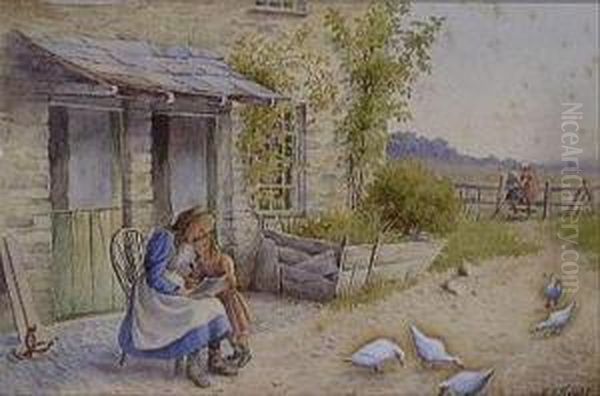 Figures Withducks Oil Painting by Frederick John Snell