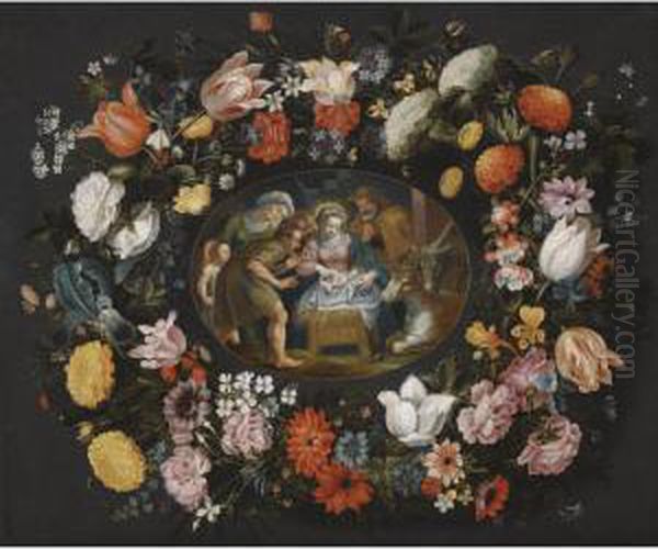 Adoration Of The Shepherds Surrounded By A Garland Of Flowers Oil Painting by Andries Snellinck