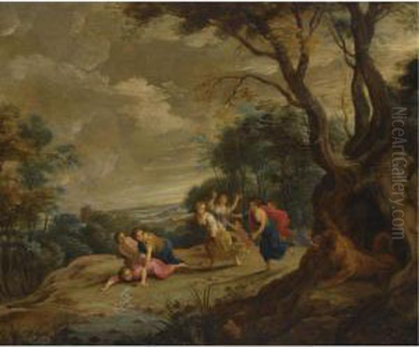 A Wooded Landscape With Maidens Assaulted By A Mythological Beast Oil Painting by Andries Snellinck