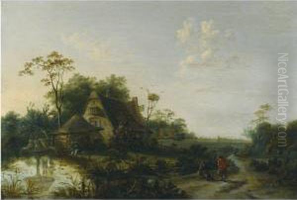 Landscape With Figures Passing By A Cottage And A Pond Oil Painting by Jan Snellinck