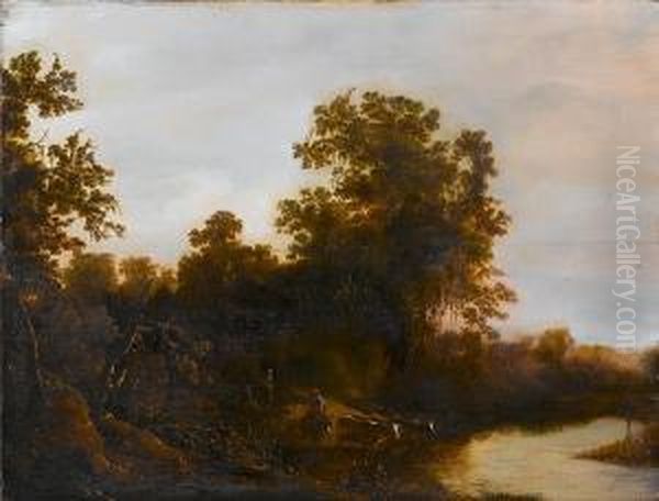 A River Landscape With Cattle Watering And Figures Resting On The Banks Oil Painting by Jan Snellinck