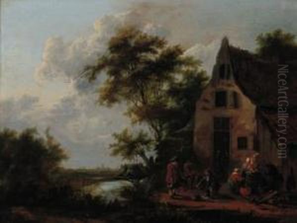 A River Landscape With Figures Before A Cottage With A Man Buyingfish Oil Painting by Jan Snellinck