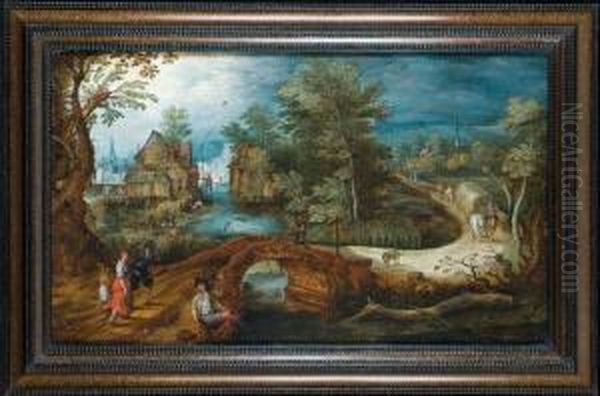 Paysage Au Faucheur, Pecheur Et Lavandiere Pres D'un Village Oil Painting by Jan Snellinck