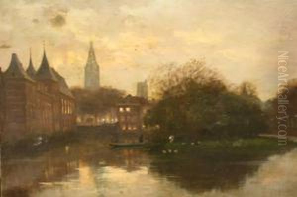 Gezicht Op De Hofvijver Te 's-gravenhage Bij Avond Oil Painting by Christiaan Pieter Snijders