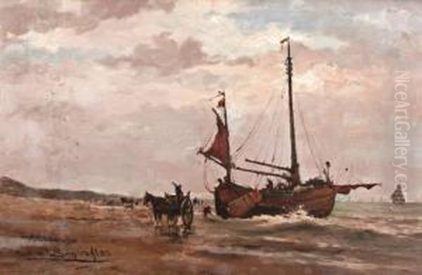 Strand Met Bomschuit En Schelpenvisser Oil Painting by Christian Snijders