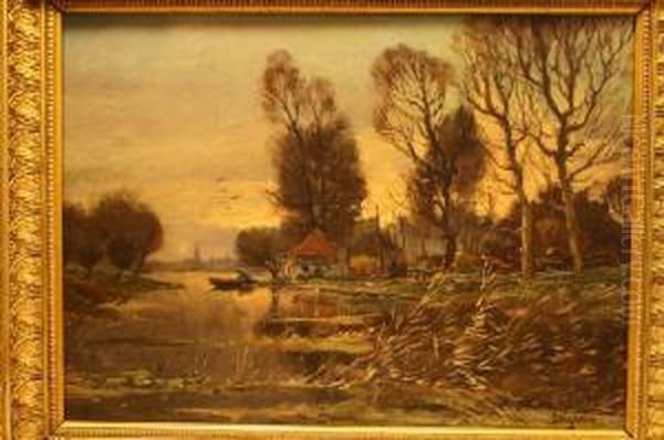 Boerderij Aan Het Water Bij Zonsondergang Oil Painting by Christian Snijders