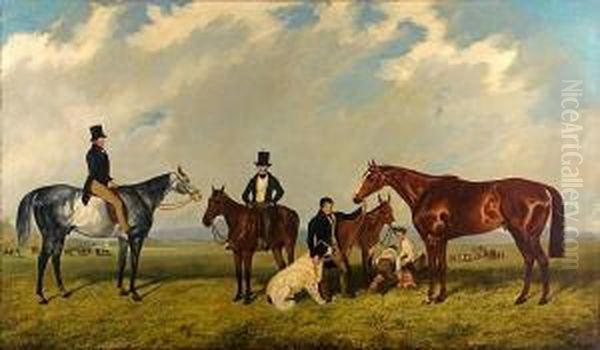 The Thoroughbred 'harkaway' With Two Otherhorses And Their Riders And A Groom Leading A Pony Oil Painting by John Wray Snow