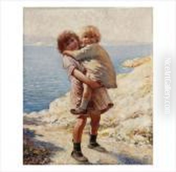 Deux Enfants Sur La Plage Oil Painting by Isaac Snowman