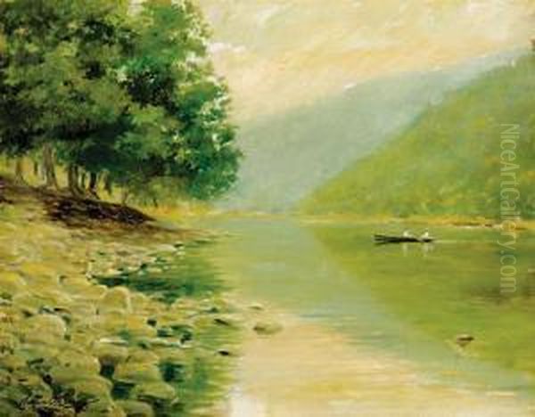 River Scene With Figures In Boat Oil Painting by Clarence Snyder