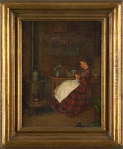 Scene With A Young Girl Sewing Oil Painting by William Henry Snyder