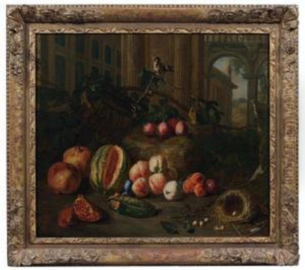 Nature Morte De Fruits, Legumes Et Oiseaux Sur Fond D'architecture Oil Painting by Pieter Snyers