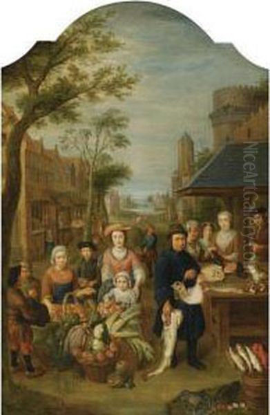 A Village Market Scene With Elegant Figures Near A Fish Stall Oil Painting by Pieter Snyers