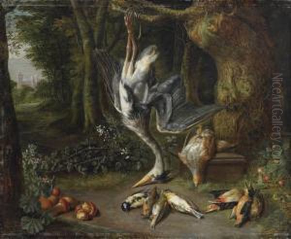 A Heron, A Quail, A Tit, A Robin, A Goldfinch, A Woodpecker, Akingfisher, A Sparrow And Another Bird In A Forest Landscape, Acastle Beyond Oil Painting by Pieter Snyers