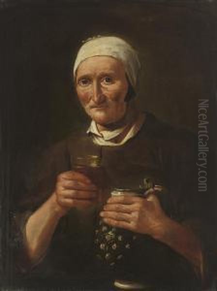 Portrait Of An Old Lady, A Pitcher In Her Left Hand, A Glass In Herright Oil Painting by Pieter Snyers