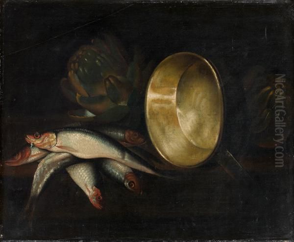 Nature Morte Aux Harengs, Artichauts Et Bassine De Cuivre Oil Painting by Lodovico Soardi